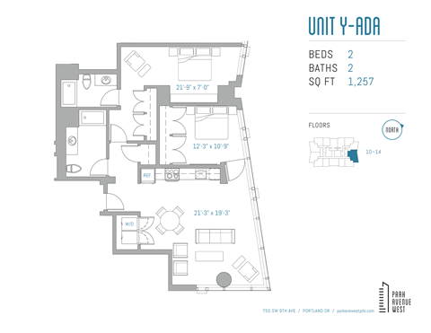Floor plan for 2 beds, 2 baths, 1257 sqft